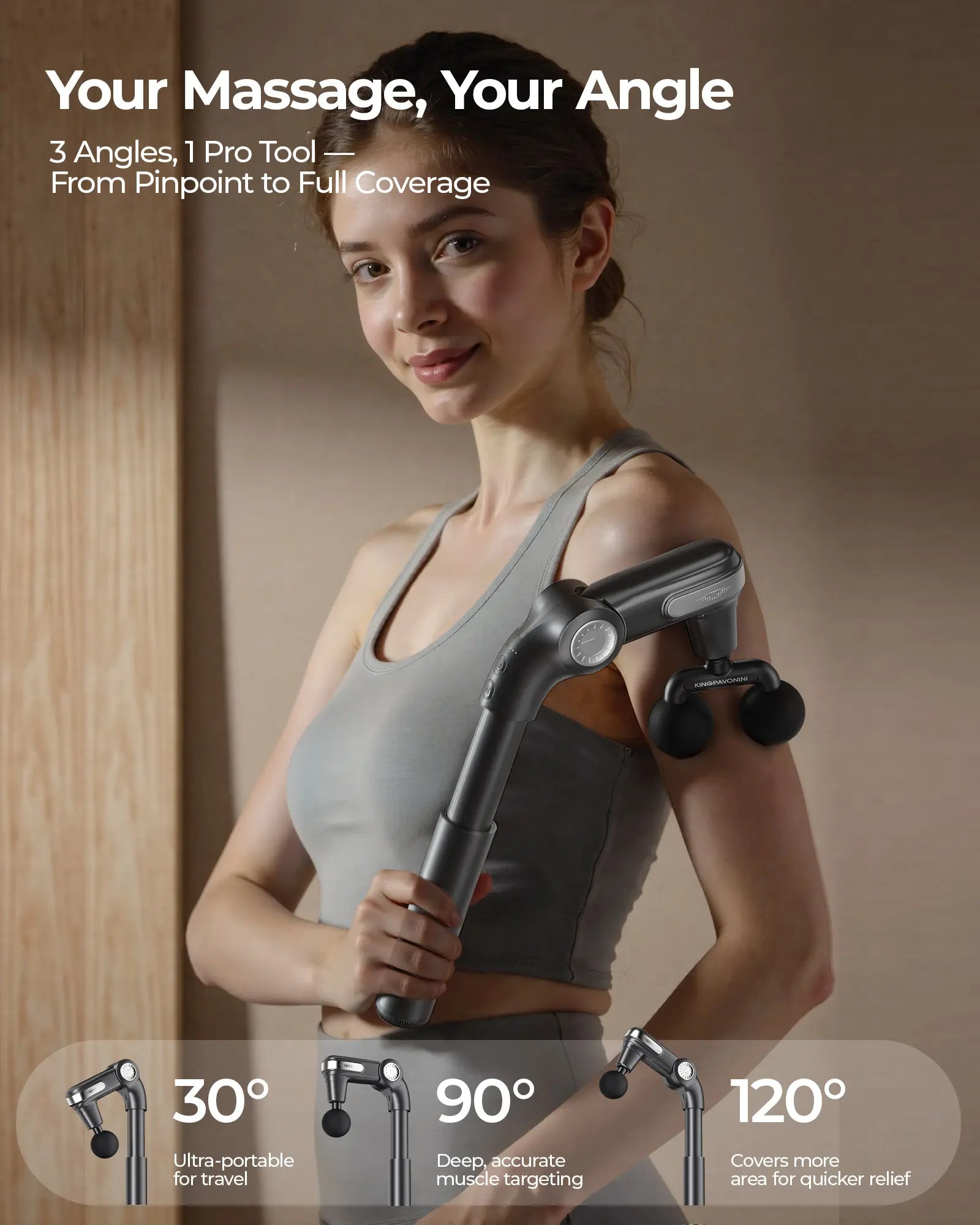 Kingpavonini Foldable Massage Gun with Dual-Ball Head, Adjustable Head & Extendable Handle, Handheld Back Massage Gun, Portable Percussion Massager Gun, Gift for Men Women