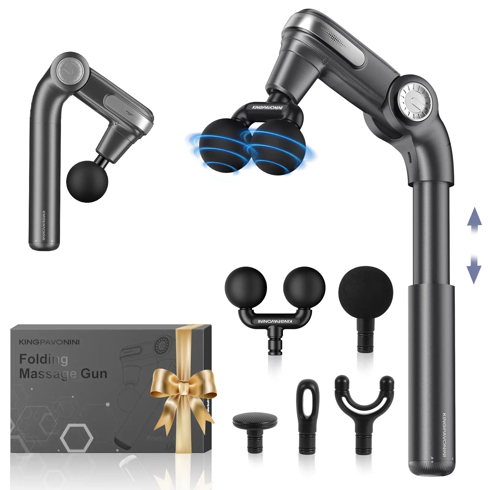 Kingpavonini Foldable Massage Gun with Dual-Ball Head, Adjustable Head & Extendable Handle, Handheld Back Massage Gun, Portable Percussion Massager Gun, Gift for Men Women