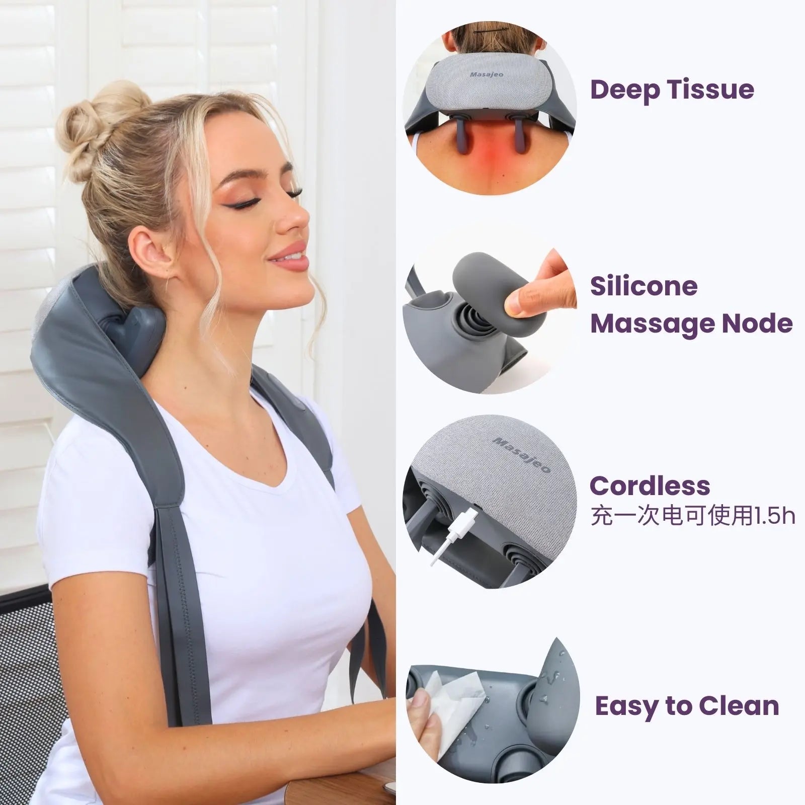 Neck Massager for Pain Relief Deep Tissue, Cordless Neck and Shoulder Massager with Soothing Heat, Rechargeable Portable Hand-Free Design